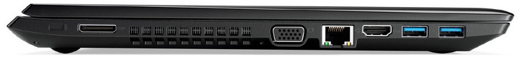 linke Seite: Steckplatz für ein Kabelschloss, Dockingport, VGA-Ausgang, Gigabit-Ethernet, HDMI, 2x USB 3.1 Gen 1 (Typ-A)