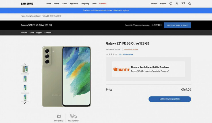 Samsung Irland hat das Galaxy S21 FE bereits für kurze Zeit gelistet. (Screenshot via GSMArena)