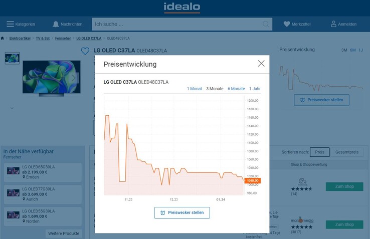 Idealo-Preisentwicklung: LG OLED48C37