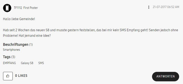 User "TF1112" ist einer der ersten mit dem SMS-Problem im Juli 2017.