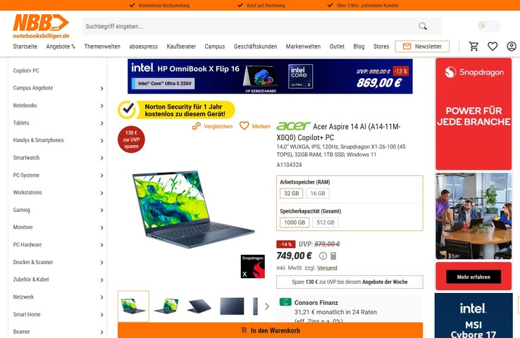 Acer Aspire 14 AI (A14-11M-X0Q0) für 749 Euro.