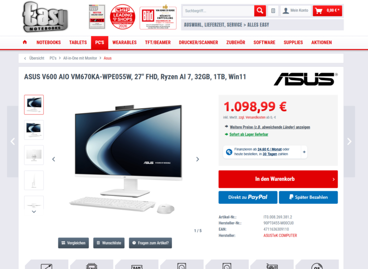 Asus ExpertCenter V600 AiO VM670KA-WPE055W für 1.098,99 Euro.