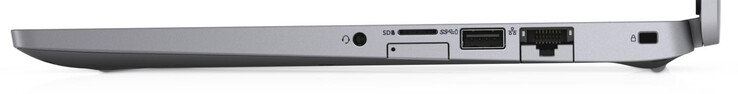 Rechte Seite: Audiokombo, SIM-Karten-Schlitz, Speicherkartenleser (MicroSD), USB 3.2 Gen 1 (Typ A), Gigabit-Ethernet, Steckplatz für ein Kabelschloss