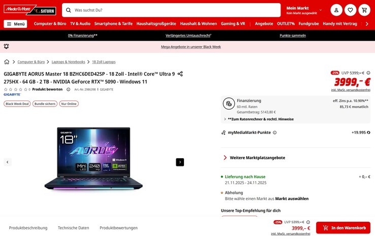 Gigabyte Aorus Master 18 BZHC6DED42SP im Angebot für 3.999 Euro.