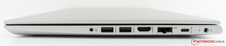 Links: Kombo-Audio, 2x USB 3, HDMI 1.4b, RJ-45, USB 3.1 TypC Gen1 mit Power delivery und DisplayPort, Ladeanschluss