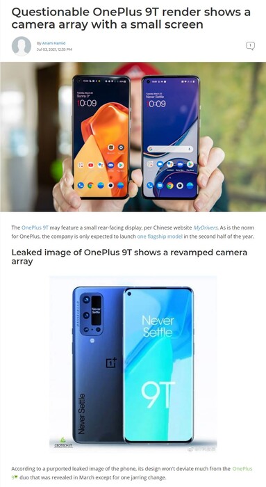 Ein kursierendes Renderbild soll das OnePlus 9T mit Zweitdisplay zeigen.