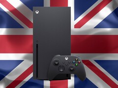 Xbox Series X vor britischer Flagge.