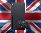 Xbox Series X vor britischer Flagge.