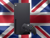 Xbox Series X vor britischer Flagge.