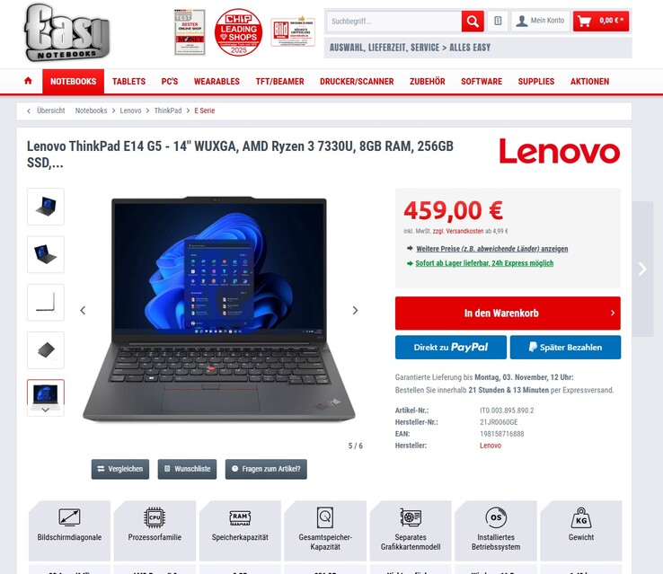 Lenovo ThinkPad E14 G5 (21JR0060GE) im Angebot für 459 Euro.
