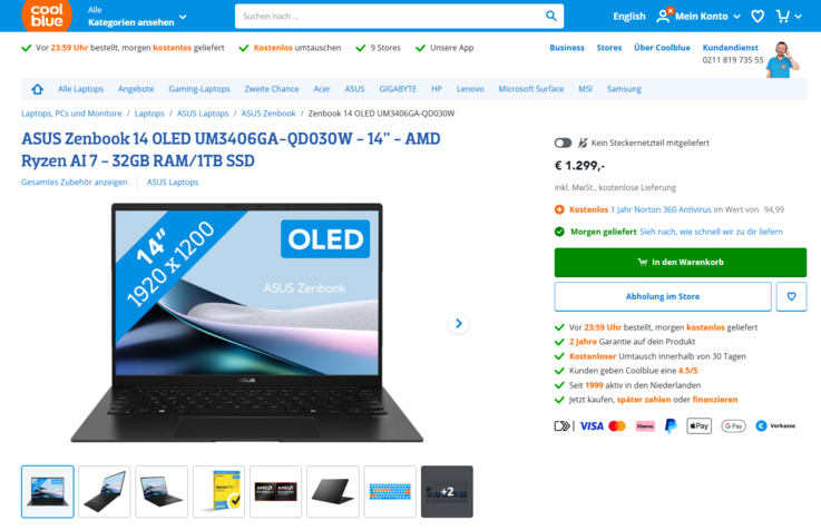 Asus ZenBook 14 OLED UM3406GA-QD030W für 1.299 Euro.
