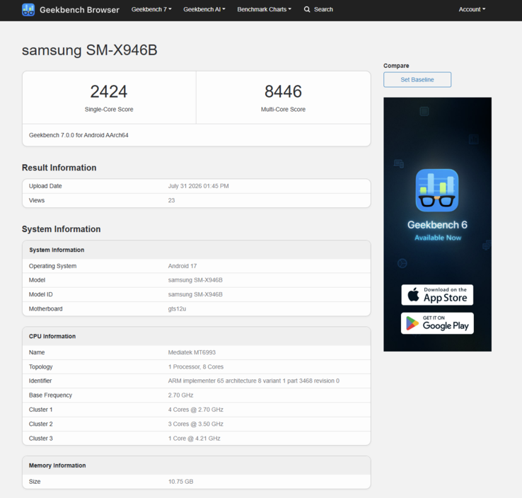 Der verbaute MediaTek Dimensity 9500 erreicht im Single-Core-Test 2.424 und im Multi-Core-Test 8.446 Punkte. Das getestete Modell hat 12 GB RAM.