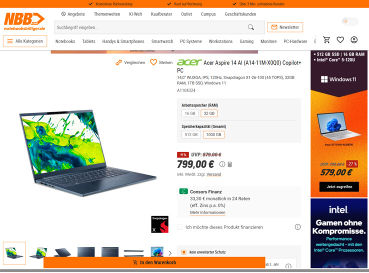 Acer Aspire 14 AI (A14-11M-X0Q0) für 799 Euro
