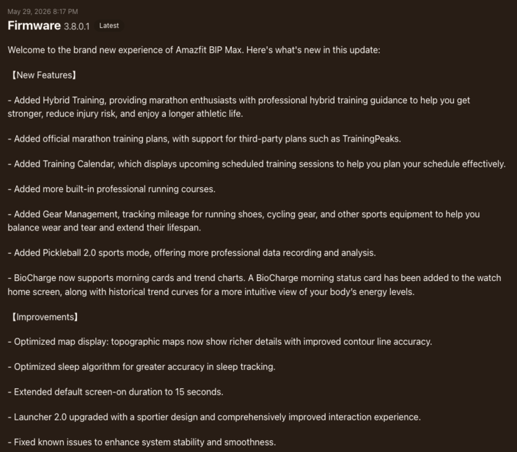 Patchnotes für das Amazfit Bip Max Software-Update 3.8.0.1
