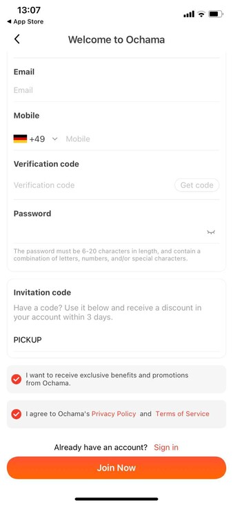 Bei der Registrierung in der Ochama-App gibt man einfach den Code PICKUP ein. (Quelle: Ochama)