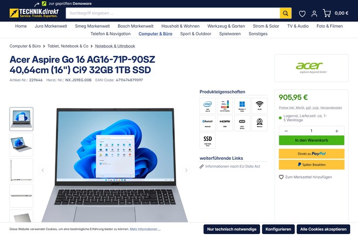 Acer Aspire Go 16 AG16-71P-90SZ für 905,95 Euro.