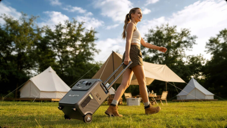 Teleskopgriff und Rollen erleichtern den Transport der Bluetti Elite 400.