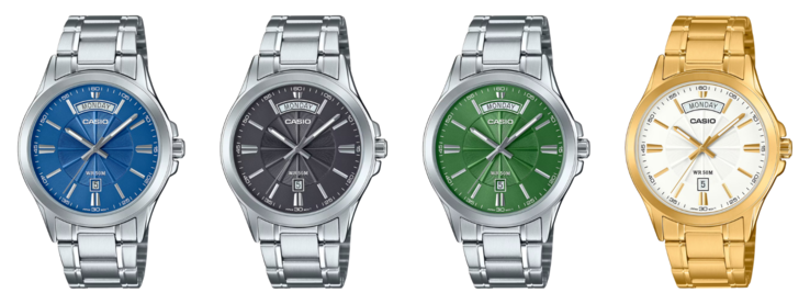 Von links nach rechts: das Casio MTP-1381D-2AV, MTP-1381D-3AV, MTP-1381D-8AV und MTP-1381GD-7AV. (Bildquelle: Casio)