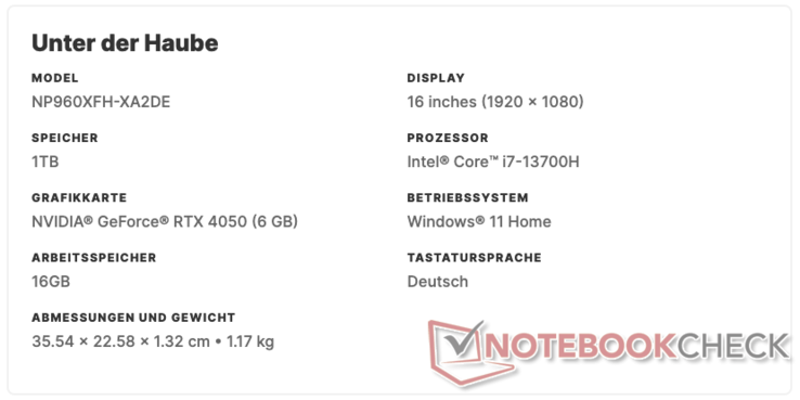 Die Spezifikationen des Samsung Galaxy Book Ultra (Bild: Screenshot, Grover)