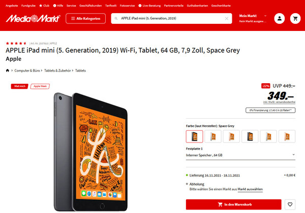 Auch bei Media Markt: Apple iPad mini 5. Gen zum Bestpreis.