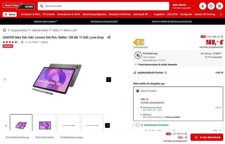 Lenovo Idea Tab TB336FU im Angebot für 169 Euro.