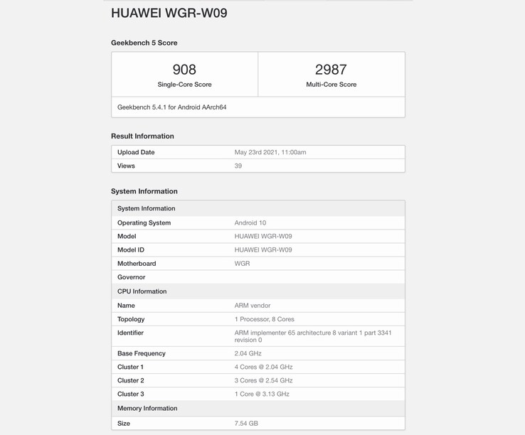 Das Huawei MatePad Pro 2 setzt offenbar auf den HiSilicon Kirin 9000, den man bereits von der Huawei Mate40-Serie kennt. (Bild: Geekbench)