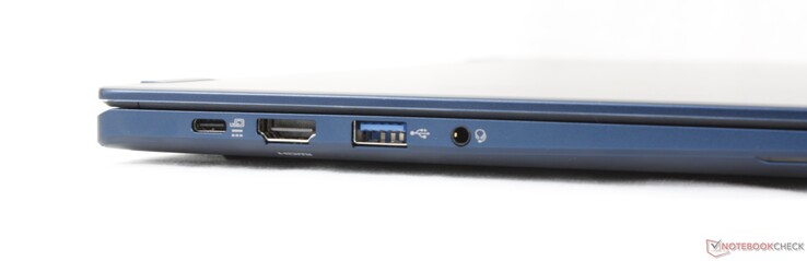 Links: USB-C 4.0 mit Power Delivery + DisplayPort, HDMI 2.1, USB-A (5 Gbit/s), 3,5-mm-Headsetanschluss