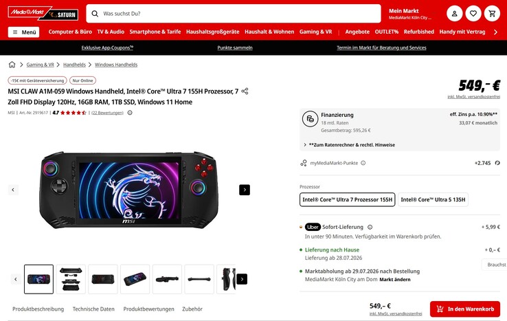 MSI Claw A1M-059 für 549 Euro.