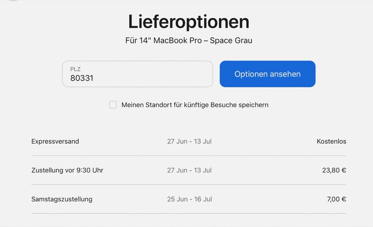 Wer ein 14 Zoll MacBook Pro bei Apple bestellt, der muss mit teils über zwei Monaten Lieferzeit rechnen. (Bild: Apple)