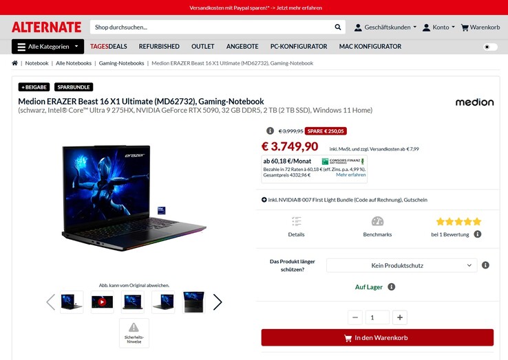 Medion Erazer Beast 16 X1 Ultimate für 3.749,90 Euro.
