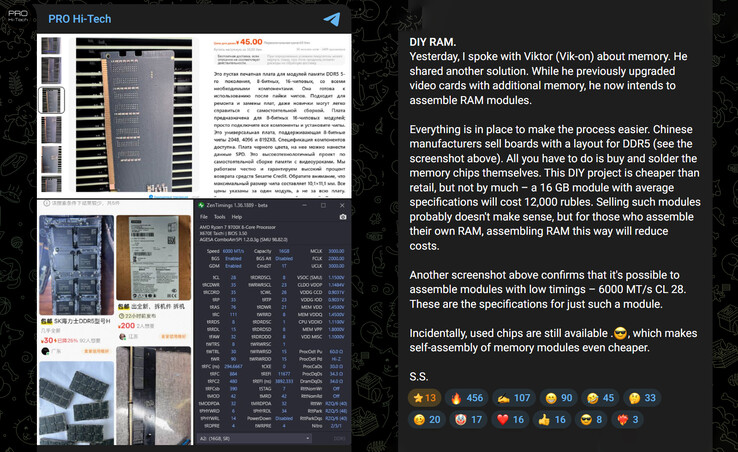 Ein Telegram-Post über selbstgebastelten DDR5-Arbeitsspeicher (Bildquelle: Pro Hi-Tech auf Telegram)