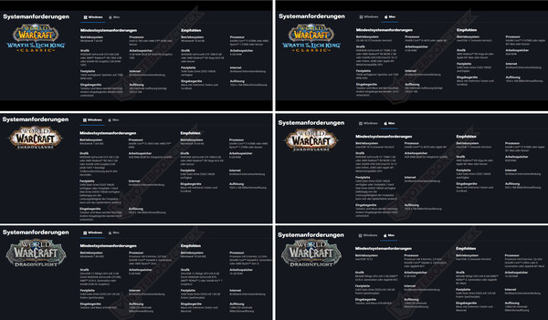 Die Systemanforderungen von World of Warcraft: Wrath of the Lich King Classic, WoW: Shadowlands und WoW: Dragonflight im Vergleich.