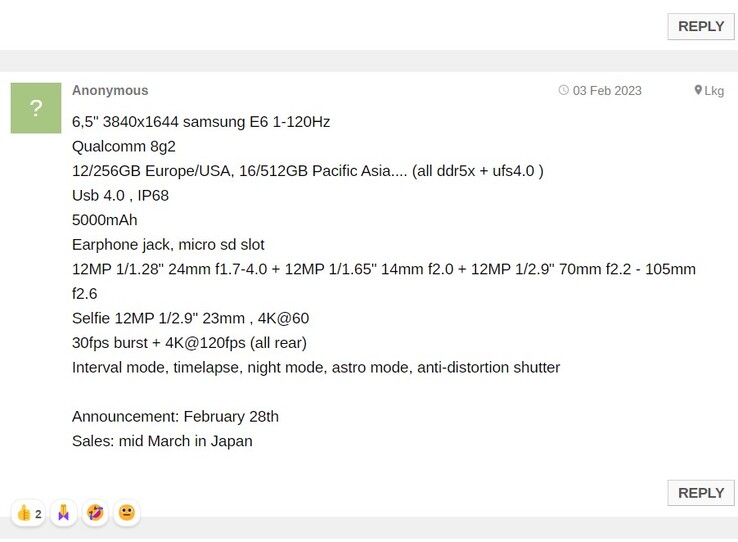 Die vermeintlichen Specs des Sony Xperia 1 V laut anonymem Post in einem Kommentar.