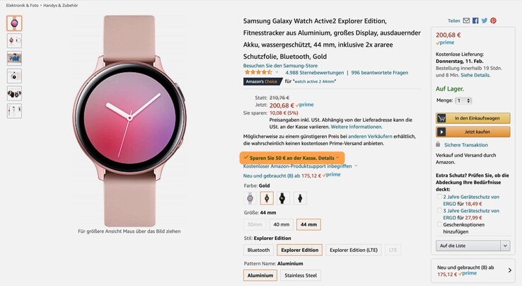 Die Samsung Galaxy Watch Active 2 ist bei Amazon aktuell deutlich günstiger als üblich zu haben. (Bild: Amazon)