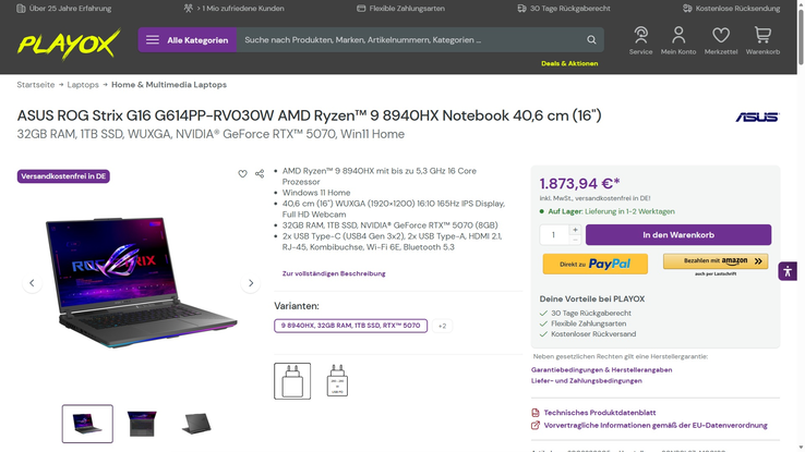 Asus ROG Strix G16 G614PP-RV030W für 1.873,94 Euro.
