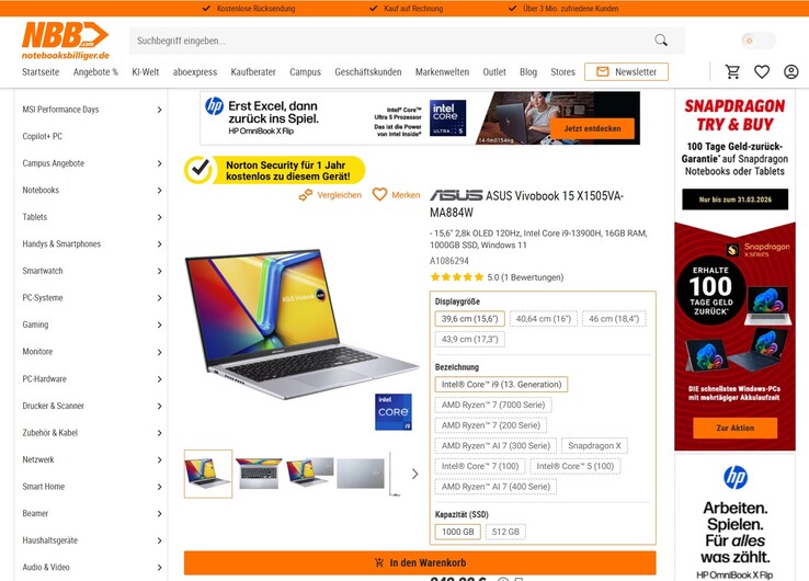 Asus VivoBook 15 OLED X1505VA-MA884W im Angebot für 849 Euro.