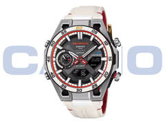 Die neue Casio Edifice x Honda ECB-2300HR-1A (abgebildet vor weißem Hintergrund mit Casio-Logo) verfügt über ein an ein Tachometer erinnerndes Hilfszifferblatt auf der 9-Uhr-Position. (Bildquelle: Casioblog – bearbeitet)