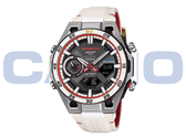 Die neue Casio Edifice x Honda ECB-2300HR-1A (abgebildet vor weißem Hintergrund mit Casio-Logo) verfügt über ein an ein Tachometer erinnerndes Hilfszifferblatt auf der 9-Uhr-Position. (Bildquelle: Casioblog – bearbeitet)