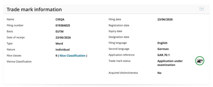 Garmin CIRQA Patent Nummer 019384825 beim European Intellectual Property Office (EUIPO)