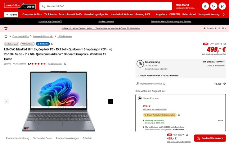 Lenovo IdeaPad Slim 3 15Q8X10 83N30004GE für 499 Euro.
