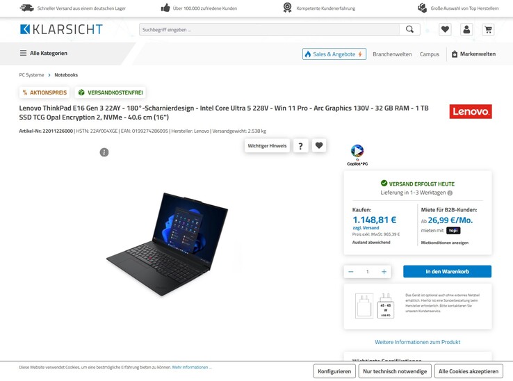 Lenovo ThinkPad E16 G3 22AY004XGE für 1.148,81 Euro.