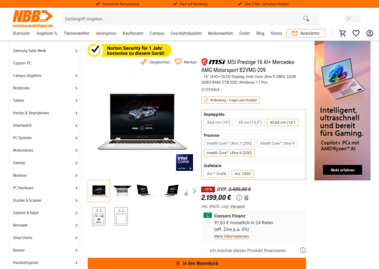 MSI Prestige 16 AI+ Mercedes-AMG Motorsport B2VMG-209 für 2.199 Euro.