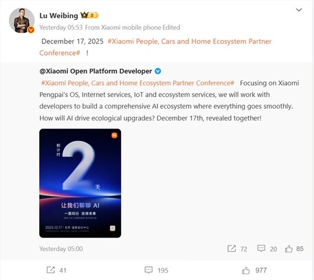 Xiaomi bewirbt auf Weibo ein Launchevent.