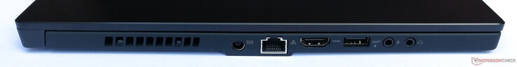 Linke Seite: Netzanschluss, GigabitLAN, HDMI, 1x USB 3.1 Gen2, 1x 3,5-mm-Mikrofon, 1x 3,5-mm-Kopfhörer