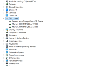 Vor dem Hack sind die SSDs unter Disk Drives (Laufwerke) gelistet.
