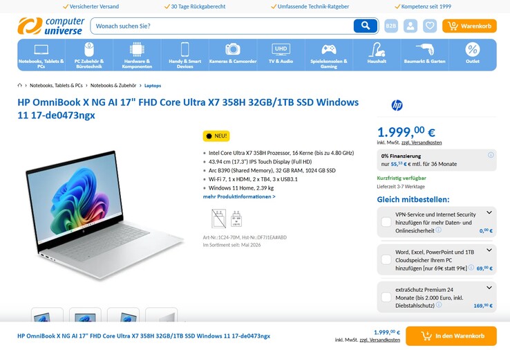 HP OmniBook X NGAI 17-de0473ngx für 1.999 Euro.
