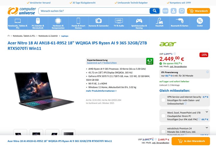 Acer Nitro 18 AI AN18-61-R952 für 2.449 Euro.