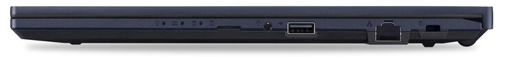 Rechte Seite: microSD-Kartenleser, 3,5-mm-Klinkenanschluss, 1x USB 2.0, GigabitLAN, Kensington Lock