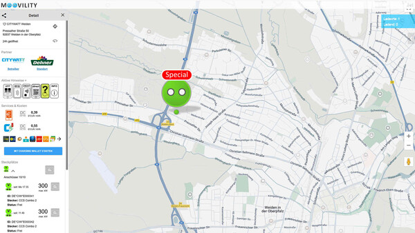 Geheimtipp für extrem günstiges und ultraschnelles Hypercharging an der A93: Bei Citywatt in Weiden für schlanke 0,39 Cent/kWh mit bis zu 300 kW übers Handy laden (Bild: Moovility).