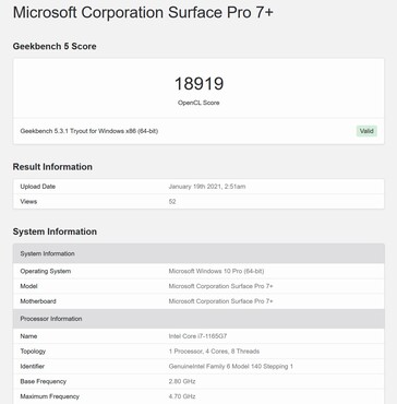 Im OpenCL-Benchmark kommt das Surface Pro 7 Plus auf 18.919 Punkte (Bild: Geekbench)
